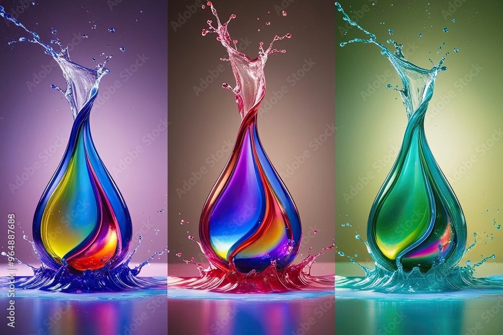 Poster colorful three-dimensional tear shape display with vivid luster and splash effects