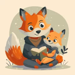 Fototapete Rund A cartoon of a fox and a baby fox reading a book together. Scene is warm and friendly, as the two animals are enjoying a shared activity © viklyaha