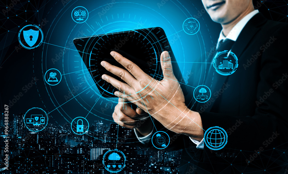 Aufkleber cyber security and digital data protection concept. icon interface showing secure firewall technolog