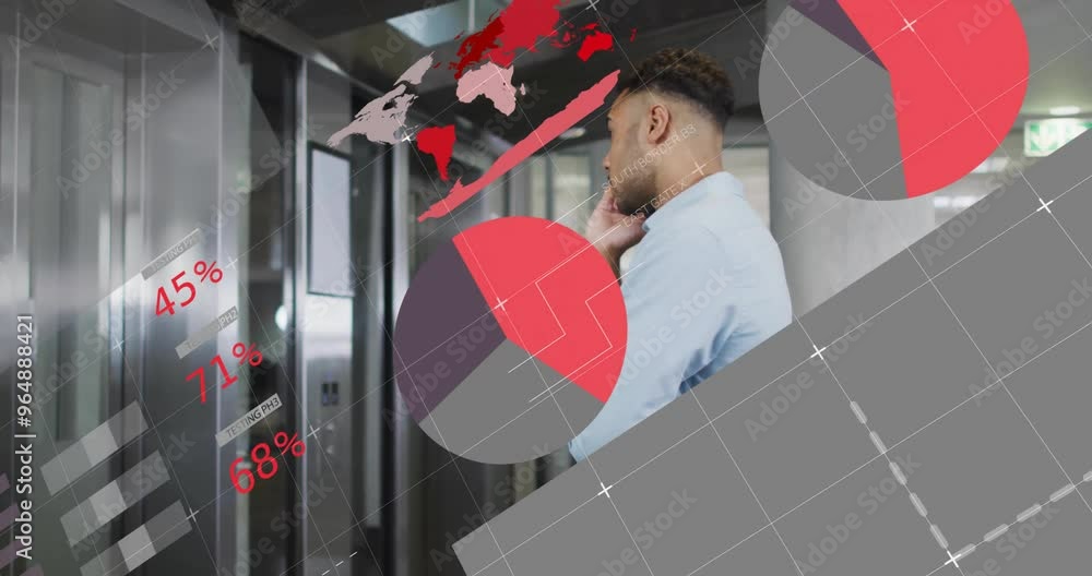 Poster animation of financial data processing over biracial businessman using smartphone