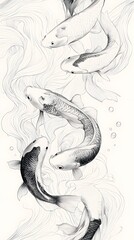 Four Koi Fish Swimming Through Wavy Lines
