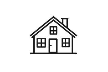 Simple black-and-white line art of a two-story residential house with a garage, front porch, and large windows.isolated on white background.

