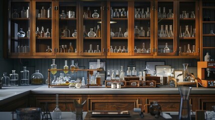 A science lab with a collection of neatly organized glassware.