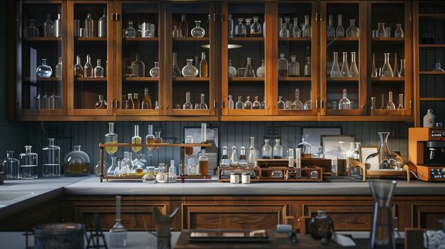 A science lab with a collection of neatly organized glassware.