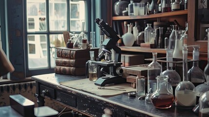 A science lab with microscopes and test tubes neatly arranged.