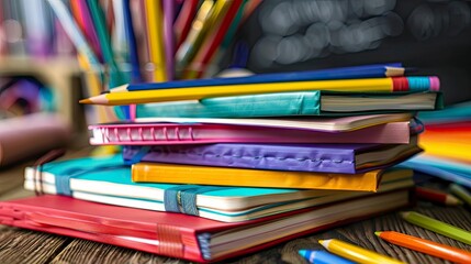 Fototapeta premium A stack of colorful notebooks and pencils on a school desk.