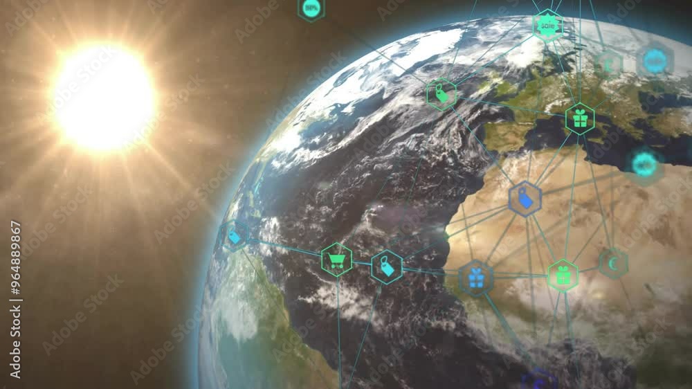 Poster animation of network of connections with icons over globe