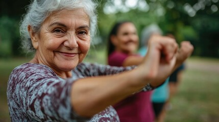Active workout outdoors. Close up of pleasant grey haired woman in sportswear doing stretching exercises for arms at green sunny park.