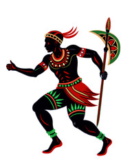 Obraz premium Determined African warrior with shield and spear striding purposefully against white background