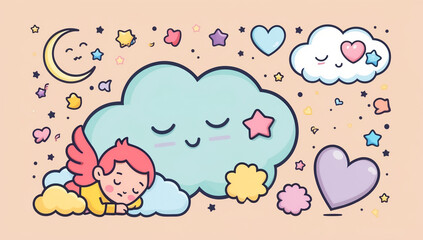 Little cartoon cupid sleeping on a cloud, flat design