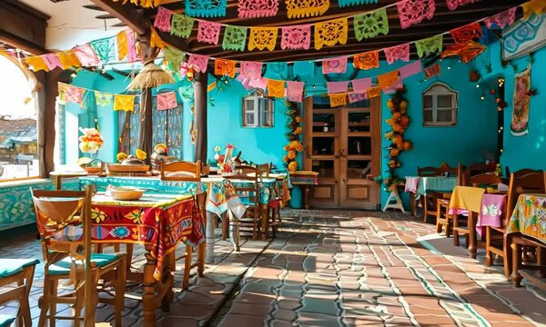 A lively Cinco de Mayo fiesta with mariachi music, dancing, and colorful decorations. Video