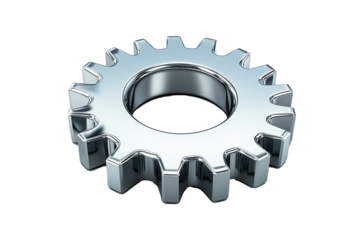 A high-resolution image of a single shiny metallic gear cog with a sleek chrome finish. 