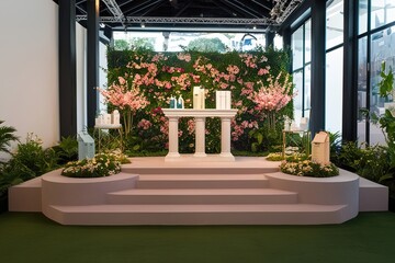 Elegant Product Showcase on Serene Podium Surrounded by Lush Blooming Gardens