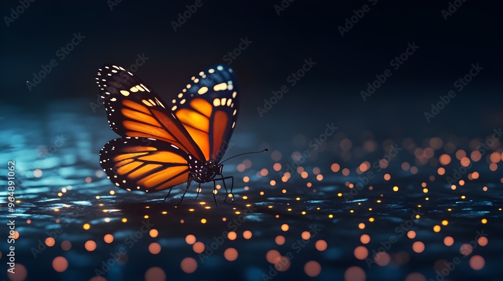 Poster glowing butterfly highlighted by dotted light pattern image