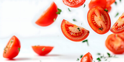 Tomato slices falling on white background