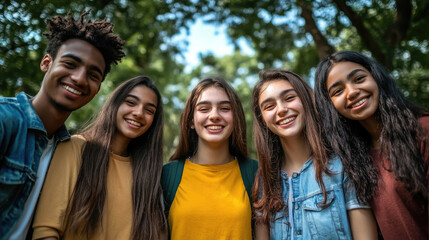 photo of group of cheerful young people of different nationalities in park, friends, students, diversity, smiling girl, boy, man, woman, friendship, teenagers, youth, hiking, walk, portrait, community