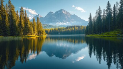 Majestic Mountain Lake with Autumn Forest and Clear Reflection