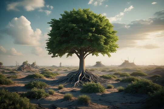 Thriving Nature in a Desolate Landscape Symbolizing Ecosystem Health and Climate Change Solutions