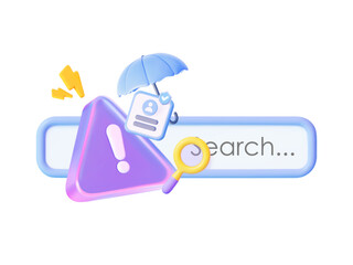 3D search bar magnifier with a security symbol, ideal for visualizing data protection on the Internet. It is used to indicate encryption and protection of confidential information.