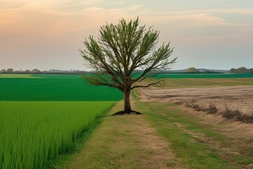 Fototapeta premium Resilient Tree Survives Climate Change in Green and Barren Landscapes