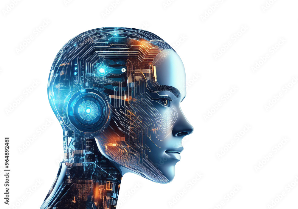 Poster artificial intelligence robot with circuitry, symbolizing technology, innovation, and future.