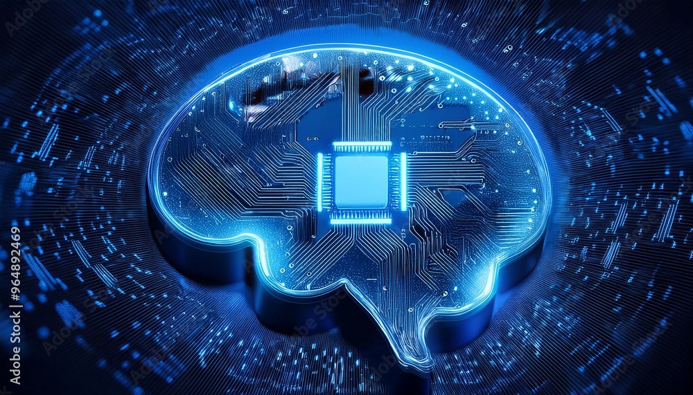 Poster intricate circuit board with illuminated brain symbol representing artificial intelligence technolog