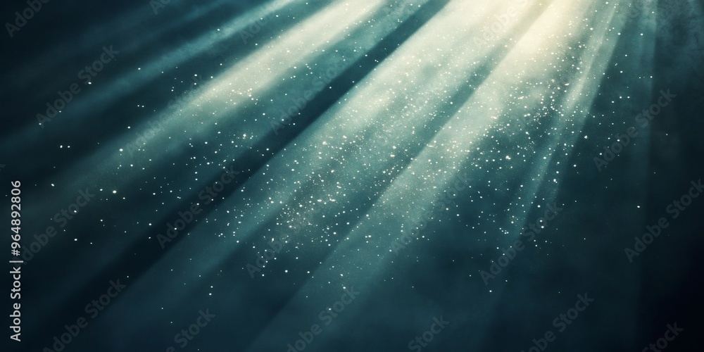 Poster abstract background with light rays and dust particles on a dark blue background.