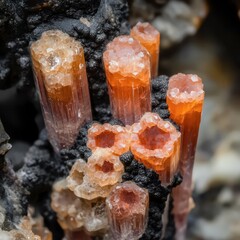 Fototapeta premium Citrine and smoky quartz crystals growing on dark volcanic rock formations