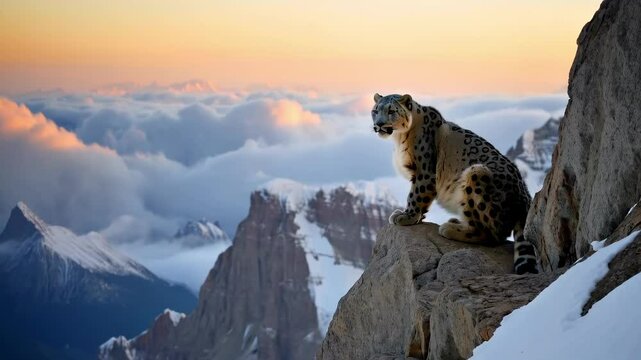 Snow Leopard Perched on Rocky Himalayan Cliffs Overlooking Mountain Range