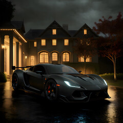 Fototapeta premium Ein rassiges schwarzes Rennsportwagencoupé parkt vor hell erleuchteten herrschaftlichen historischen Häusern, die Lichter spiegeln sich auf dem regennassen Platz in der idyllischen Abendstimmung