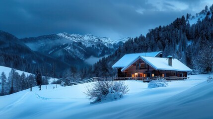 Mountain cabin in a snowy landscape, cozy and serene, Nature, Cool tones, Photograph, Winter retreat