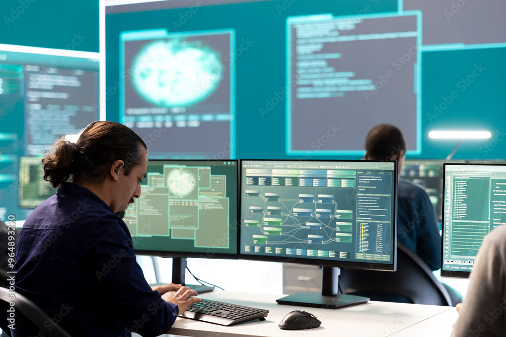 Poster professional it expert working in a governmental security operations center, analyzing data on a big