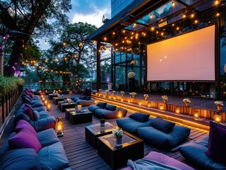 Naklejka premium Outdoor cinema with cozy seating, inviting and vibrant, Urban, Soft hues, Photograph, Openair film