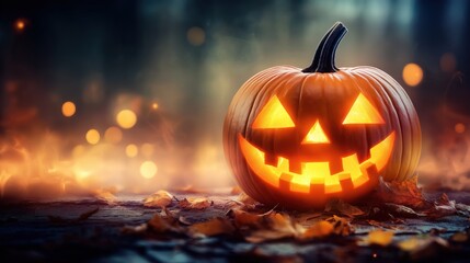 Fototapeta premium Fundo fotográfico de Halloween com abóboras iluminadas em piso de madeiras rústico e luzes desfocadas ao fundo. Ideal para convites, banners e outros projetos de Halloween