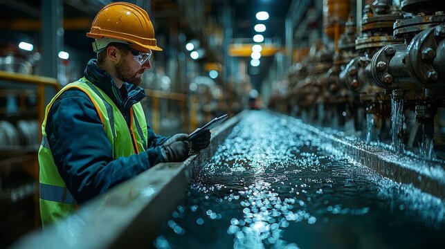 A worker in protective gear carefully inspects a large water treatment plant