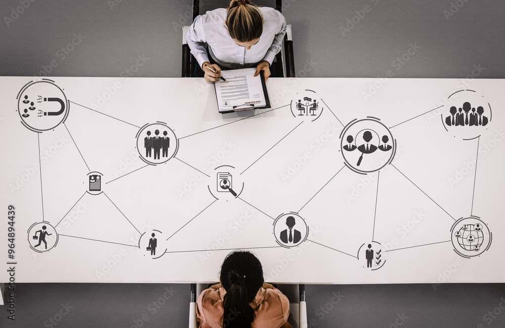 Poster human resources recruitment and people networking concept. modern graphic interface showing professi