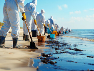 Oil catastrophe. Volunteers clean oil spill from sandy beach under clear blue sky in the midst of environmental restoration effort
