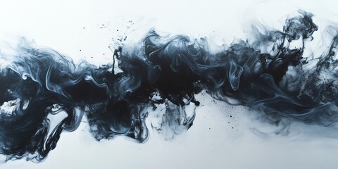 Abstract black ink spreading in water creating dynamic flow and movement on white background.