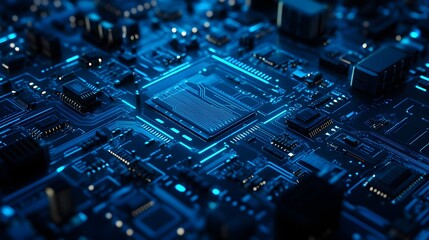 Blue circuit board diagram with a sleek, futuristic layout design