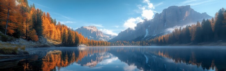 Fototapeta premium Majestic Mountain Lake with Autumn Forest and Clear Reflection