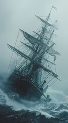 Obraz premium Dramatic Tilt: A Ship Struggling Against the Forces of Nature, Teetering on the Edge of Balance