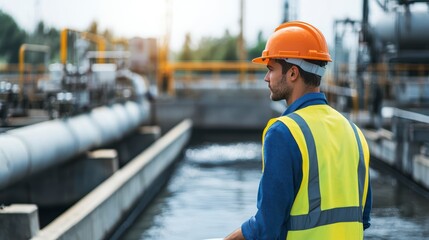 A worker in protective gear carefully inspects a large water treatment plant