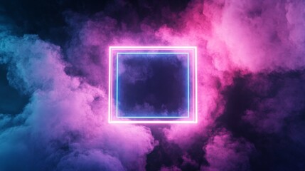 Cloud Formation with Pink and Blue, Rectangle Shaped Neon Frame. Trendy Background Design.