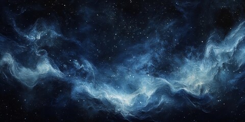 Fototapeta premium Abstract blue and white nebula-like design with scattered white dots on a dark blue background.