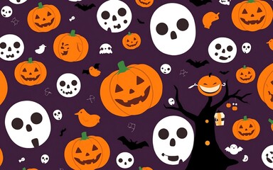 Orange pumpkins and white skulls on a purple background, a spooky Halloween pattern for festive celebrations. 
