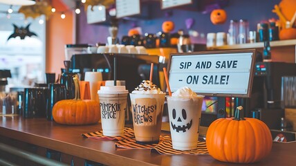 Orange and brown Halloween themed coffee drinks on sale at a cafe. 
