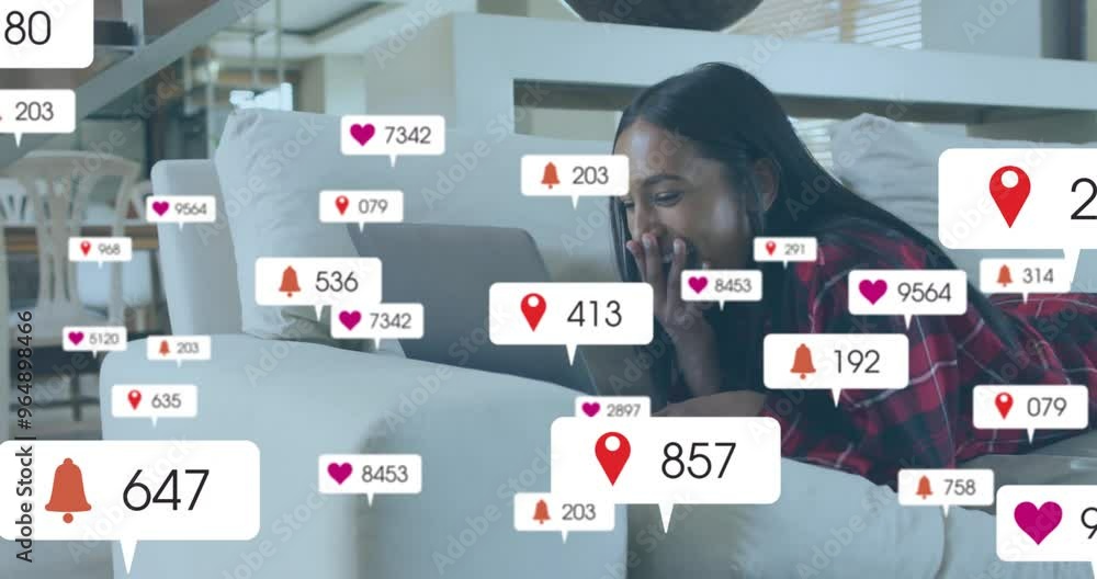 Poster animation of icons and data processing over biracial woman using laptop