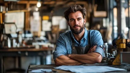 Skilled craftsman poses confidently in workshop during daylight hours