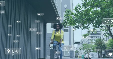 Animation of icons and data processing over african american woman riding bike - Powered by Adobe