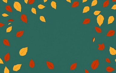 Orange and red leaves falling on a teal background, autumnal design, perfect for seasonal projects. 
